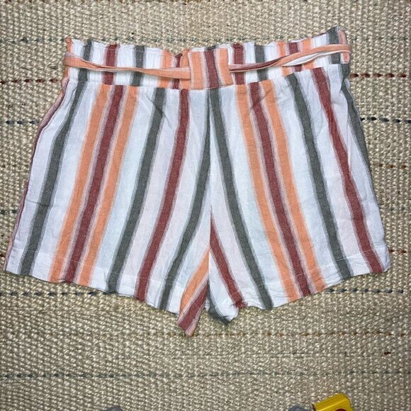 Indigo Rein, Linen Blend Striped Paper Bag Belted Shorts High Waist XL Beachy - Picture 3 of 8